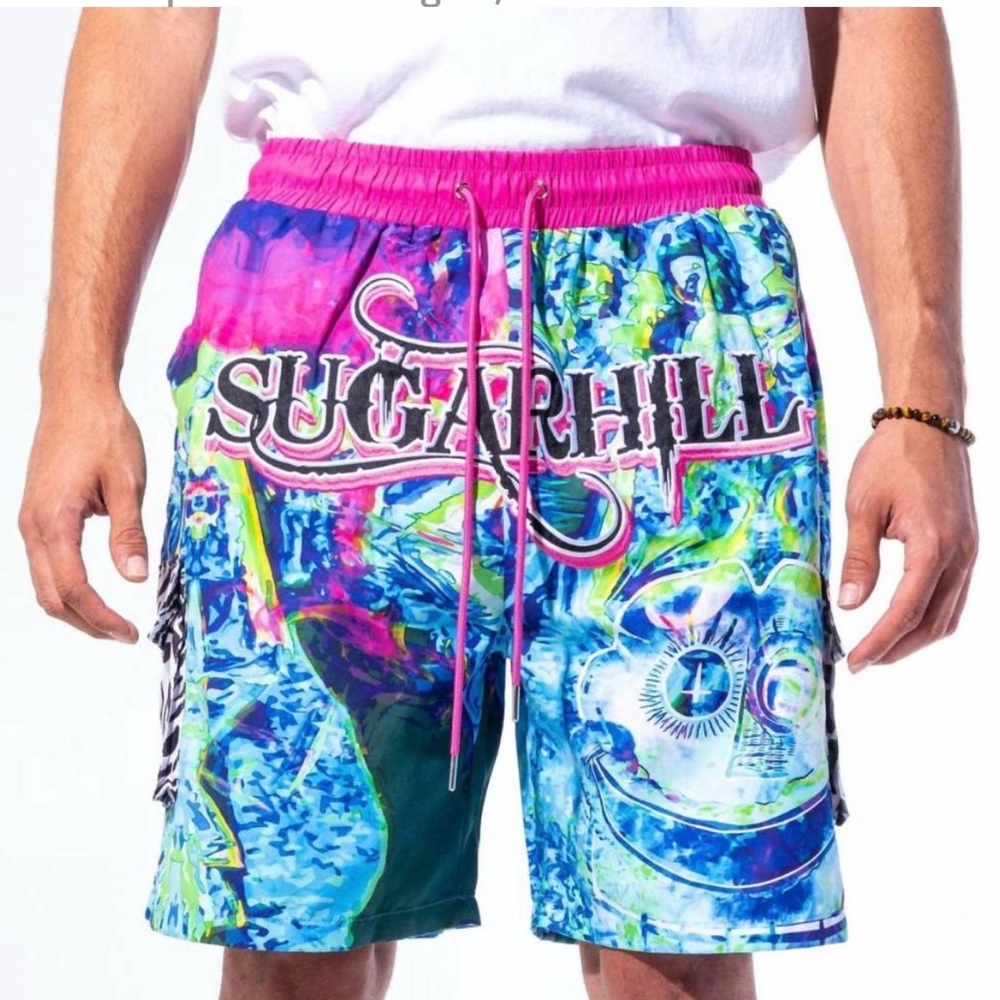 New With Tag SUGAR HILL Men's Woogie Cabana Shorts, Pink and Blue, Large